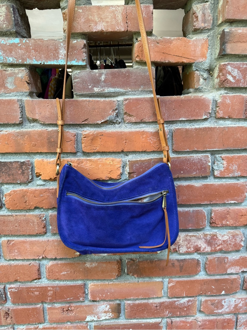 HOBO Cobalt Blue Suede Crossbody with Tan Leather Strap - Picture 3 of 7